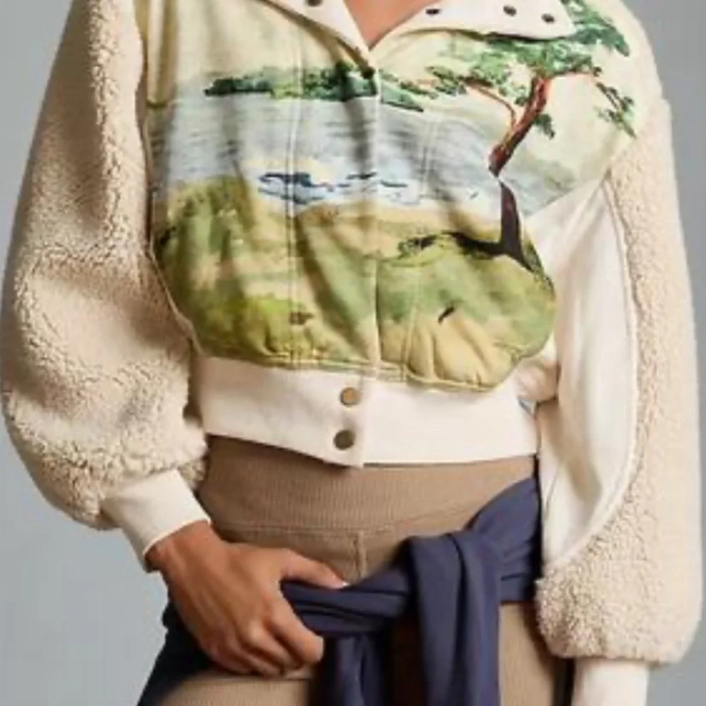 Women's Anthropologie Daily Practice Beige and Green Jacket with Nature Print - Picture 1 of 9